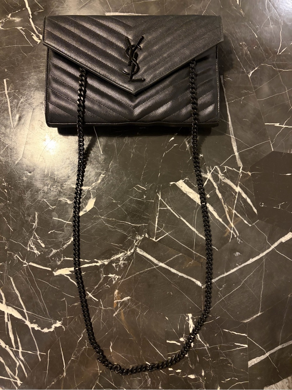 YSL / Saint Laurent - Black Chevron Quilted Leather Metal Black Chain Crossbody - Picture 2 of 14